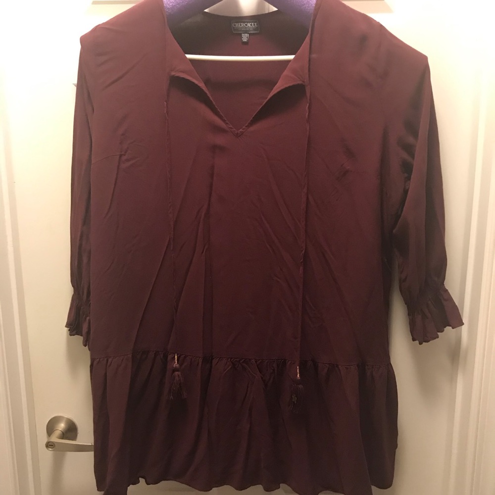 Burgundy tie front ruffle tunic